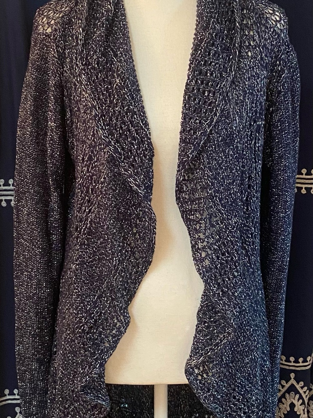 Covington Navy Metallic Open Drape Cardigan